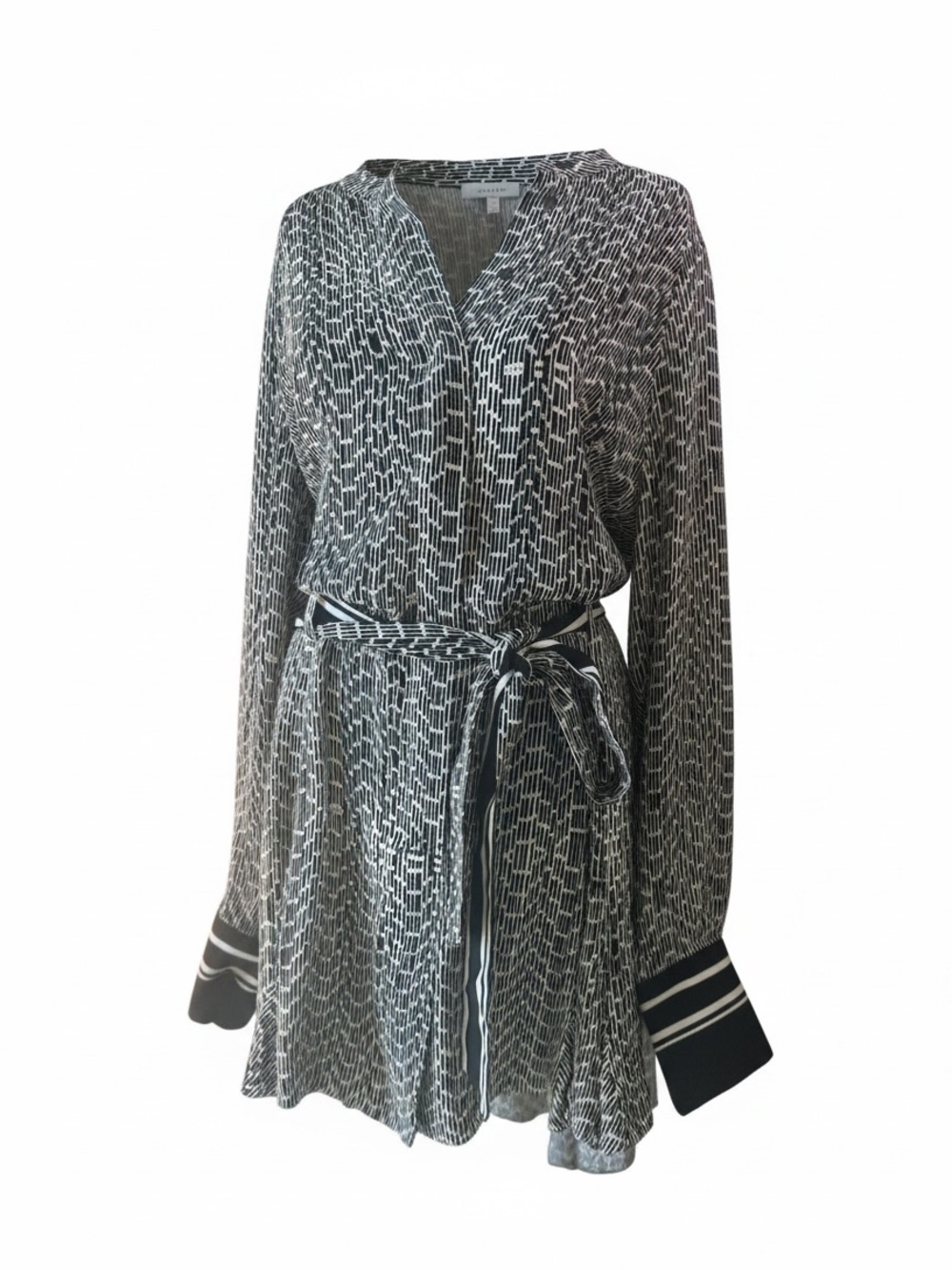 Reiss Laria Flippy Mini Dress -Black & White Printed Long-Sleeve Tie-Waist Dress - Picture 3 of 11